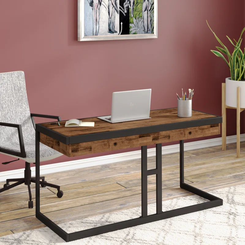 Simpli Home Erina 48"W Solid Acacia Wood Small Desk, Industrial Style with Keyboard Tray and 2 Drawers