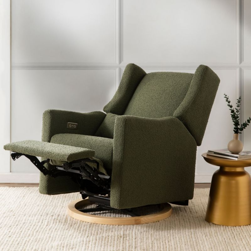 Babyletto Kiwi Olive Green Boucle Nursery Power Glider Recliner Chair with Light Wood Base