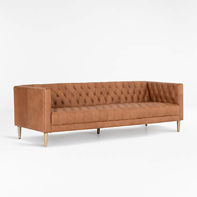 Rollins 90" Natural Washed Camel Leather Button Tufted Sofa