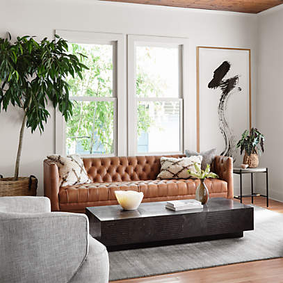 Rollins 90" Natural Washed Camel Leather Button Tufted Sofa