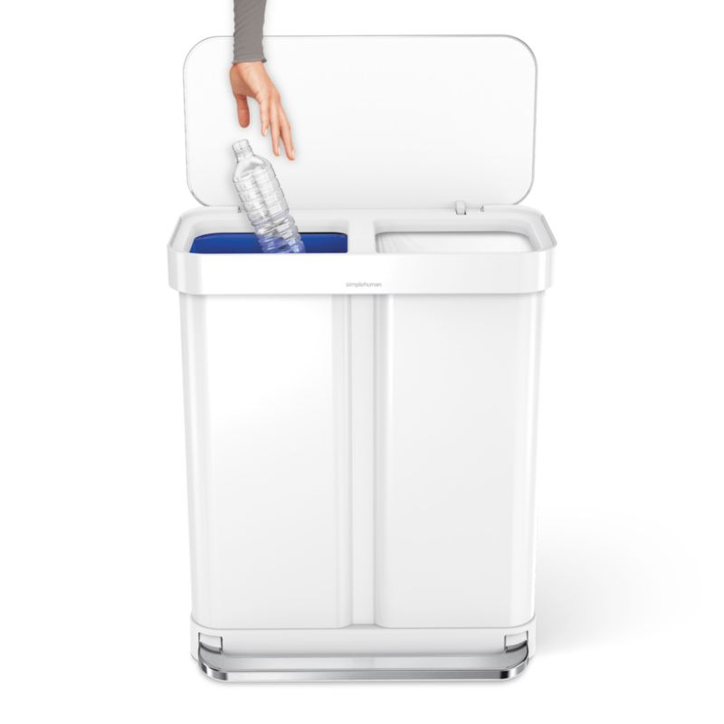 Simplehuman 58 Liter Recycling Kitchen Trash Can with Liner Pocket, White Steel