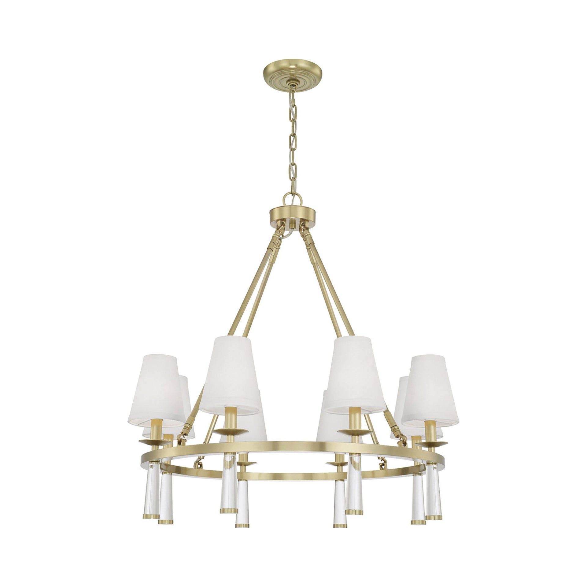 Elegant Aged Brass and Crystal 8-Light Chandelier with Silk Shade