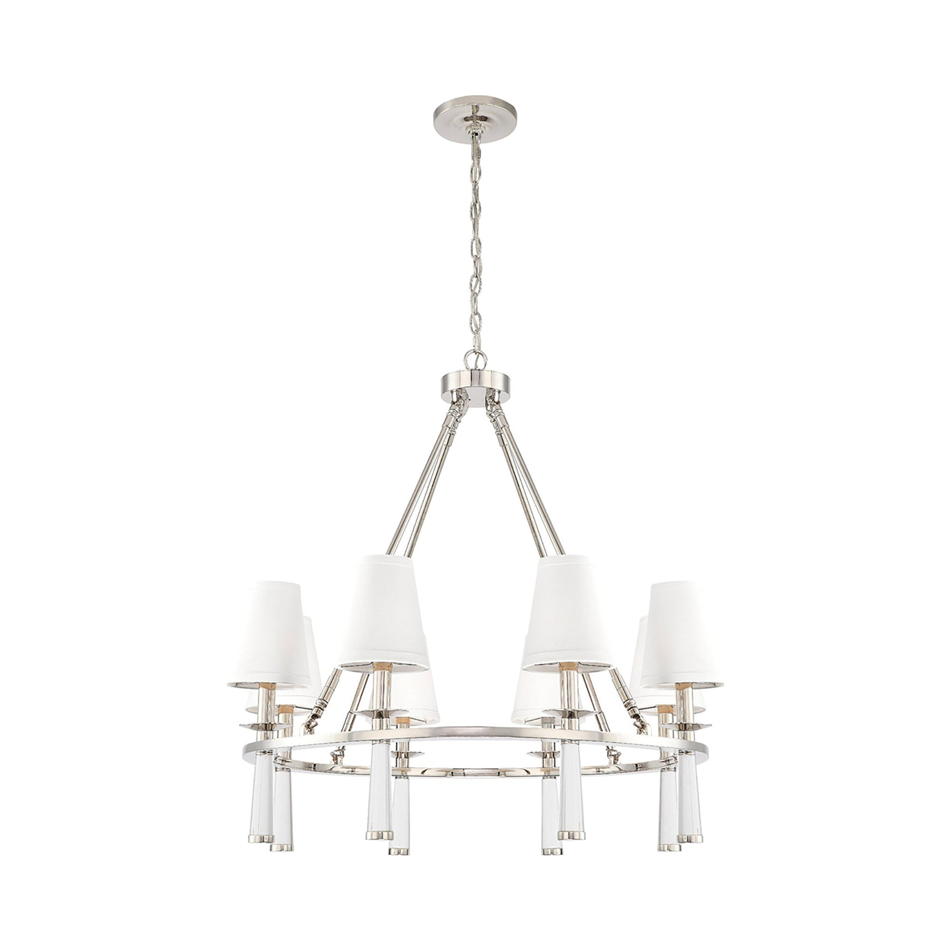 Chic Polished Nickel 8-Light Chandelier with White Silk Drum Shade