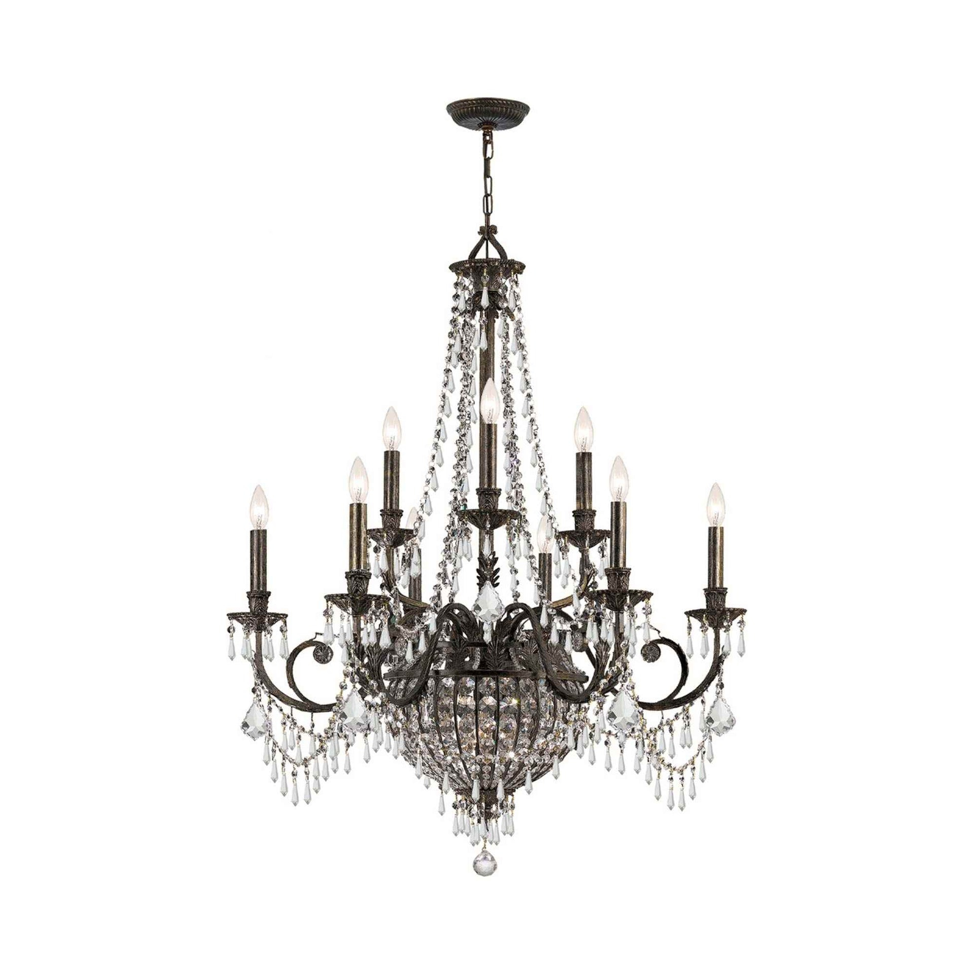 English Bronze 12-Light Crystal Candle Chandelier