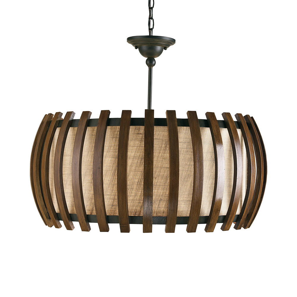 Old Iron & Polished Fruitwood Drum Pendant with Putty Burlap Shade