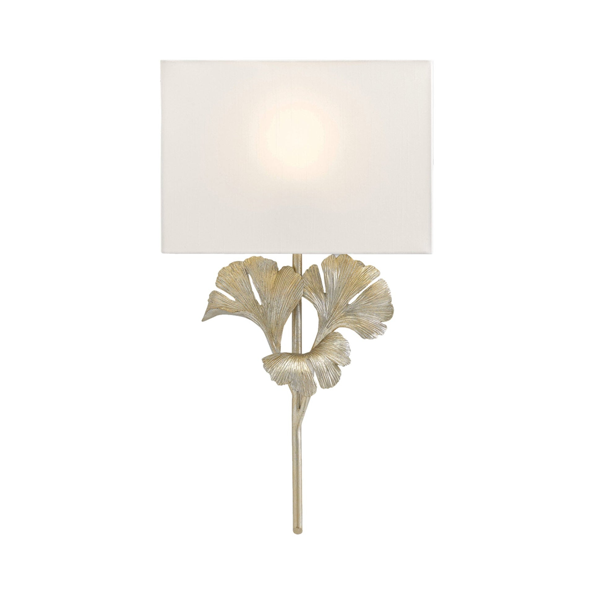 Gingko Distressed Silver Leaf 1-Light Wall Sconce with Off-White Shade