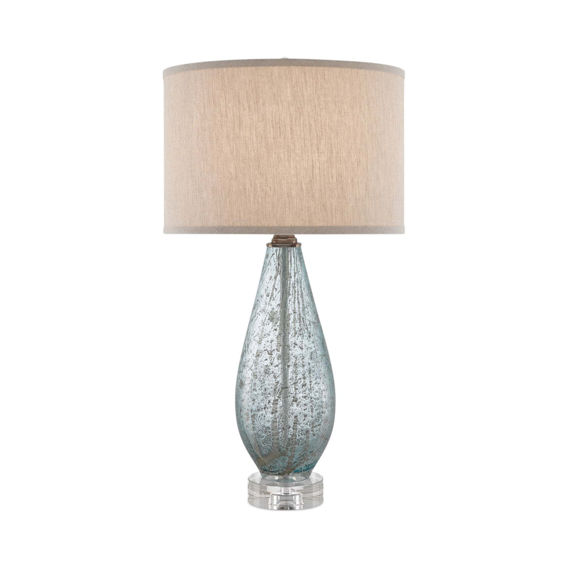 Pale Blue Speckled Glass Table Lamp with Natural Linen Shade