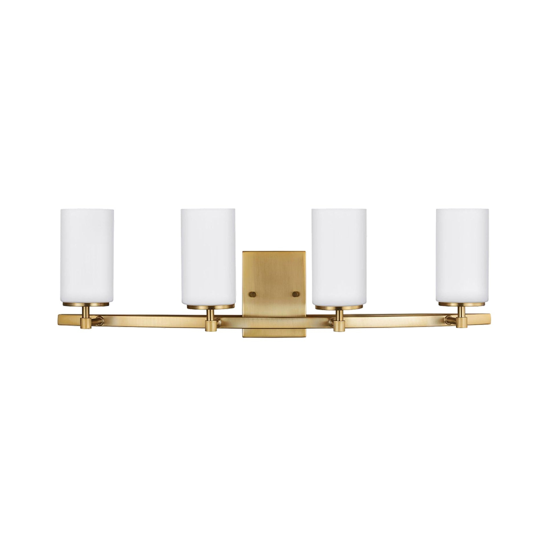 Alturas 30.5 in. 4-Light Satin Brass Modern Contemporary Wall Bathroom Vanity Light with Satin Etched Glass Shades