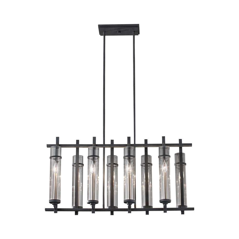 Ethan 8-Light Antique Forged Iron/Brushed Steel Contemporary Industrial Linear Billiard Island Candlestick Chandelier