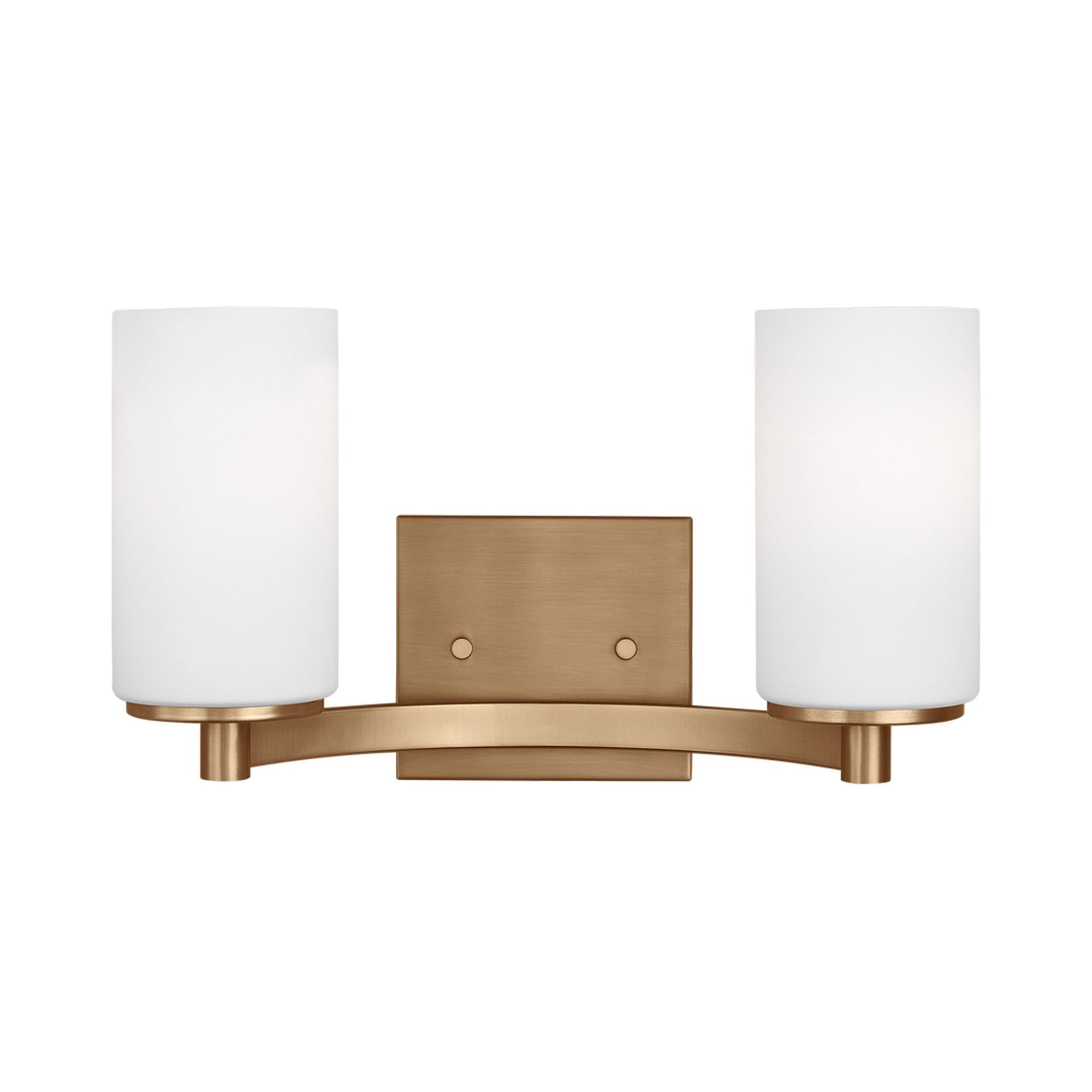 Hettinger 13.5 in. 2-Light Transitional Contemporary Satin Brass Bathroom Vanity Light with Etched Glass Shades