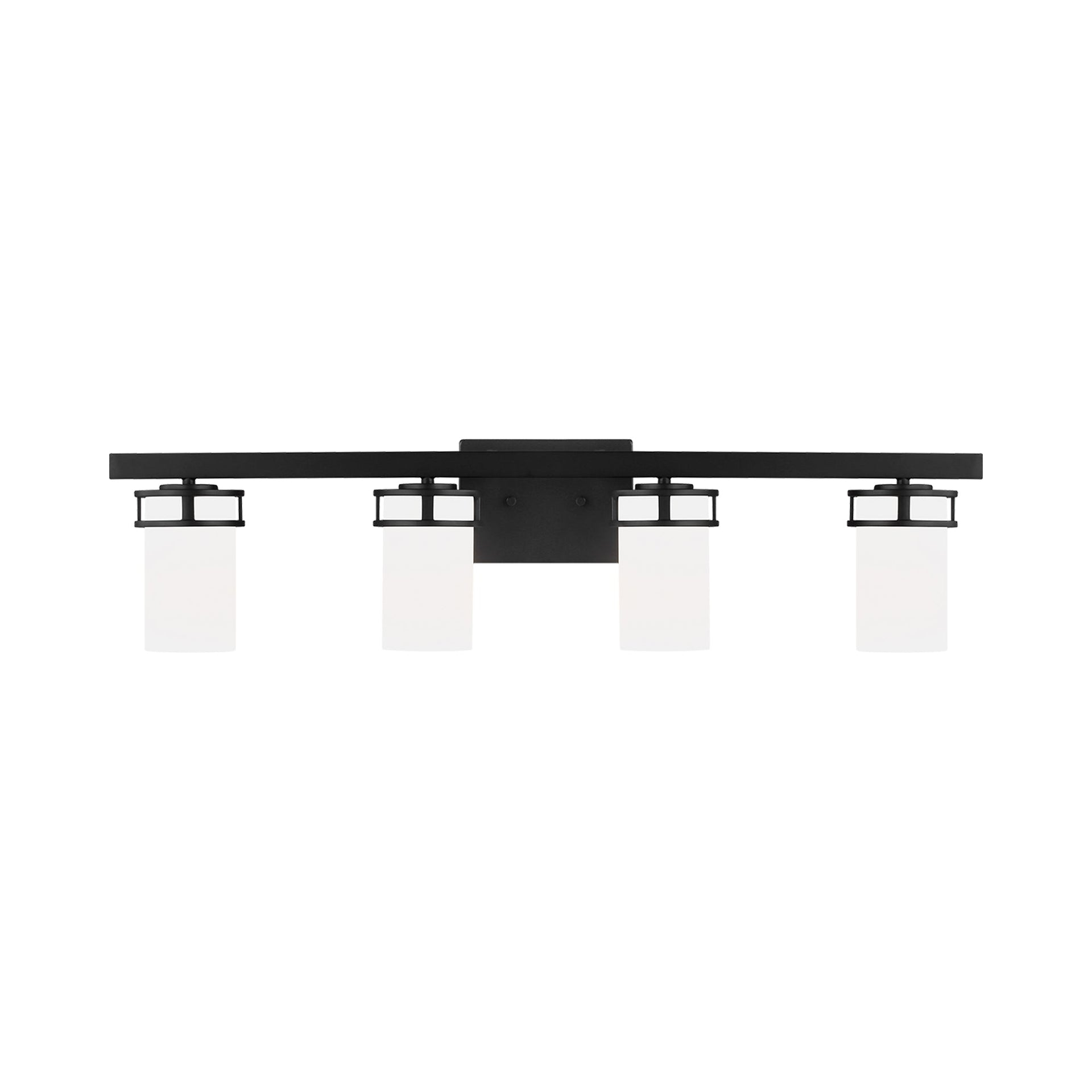 Robie 34 in. 4-Light Matte Black Transitional Rustic Wall Bathroom Vanity Light with Etched White Glass Shades