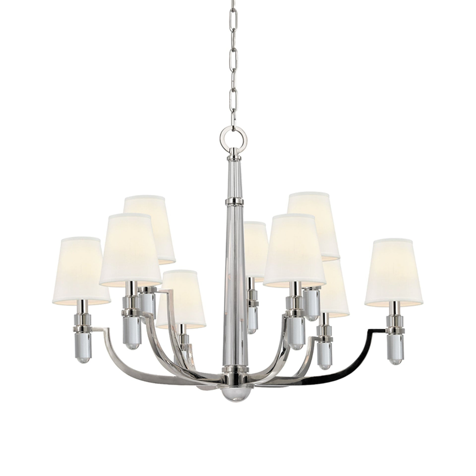 Polished Nickel and Crystal 9-Light Chandelier with Faux Silk Shades