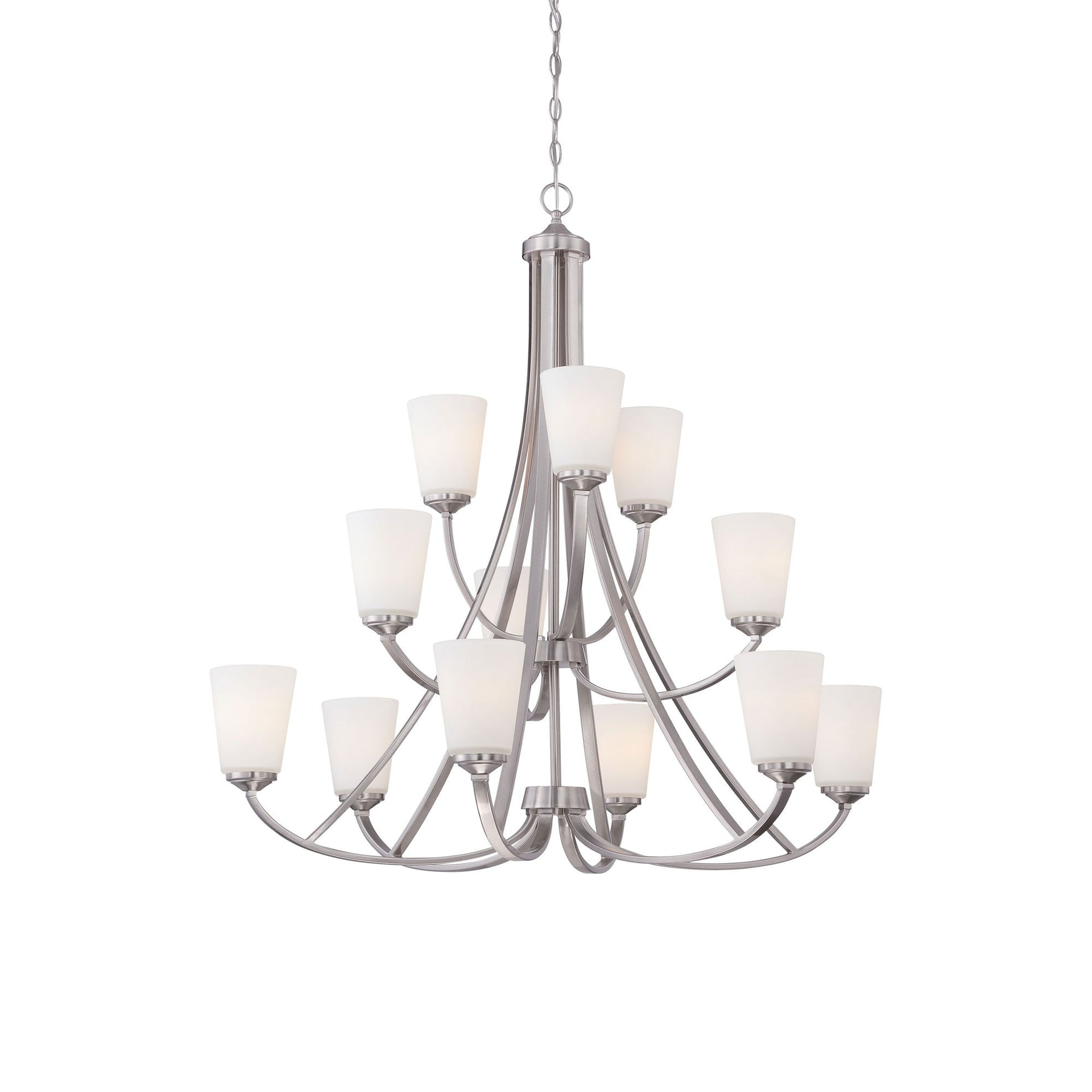 Contemporary Elegance Brushed Nickel 12-Light Chandelier with Etched White Glass