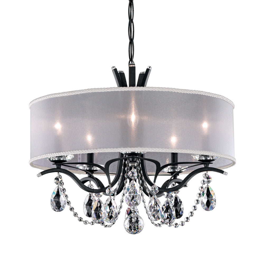 Vesca Antique Silver 5-Light Chandelier with Gold Drum Shade and Clear Crystal Accents