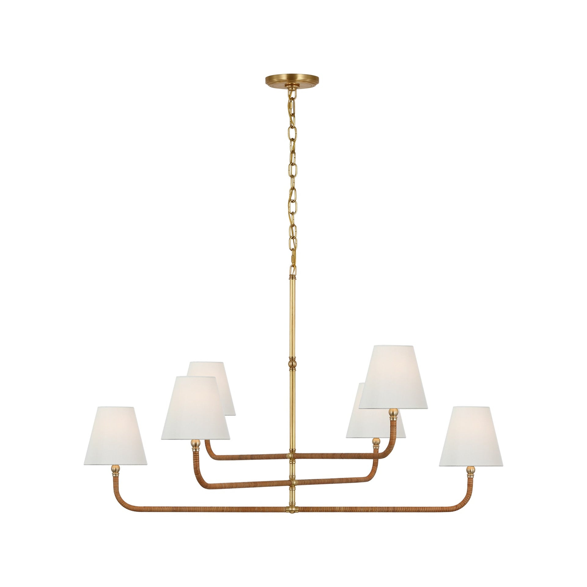Antique-Burnished Brass and Rattan 6-Light Chandelier