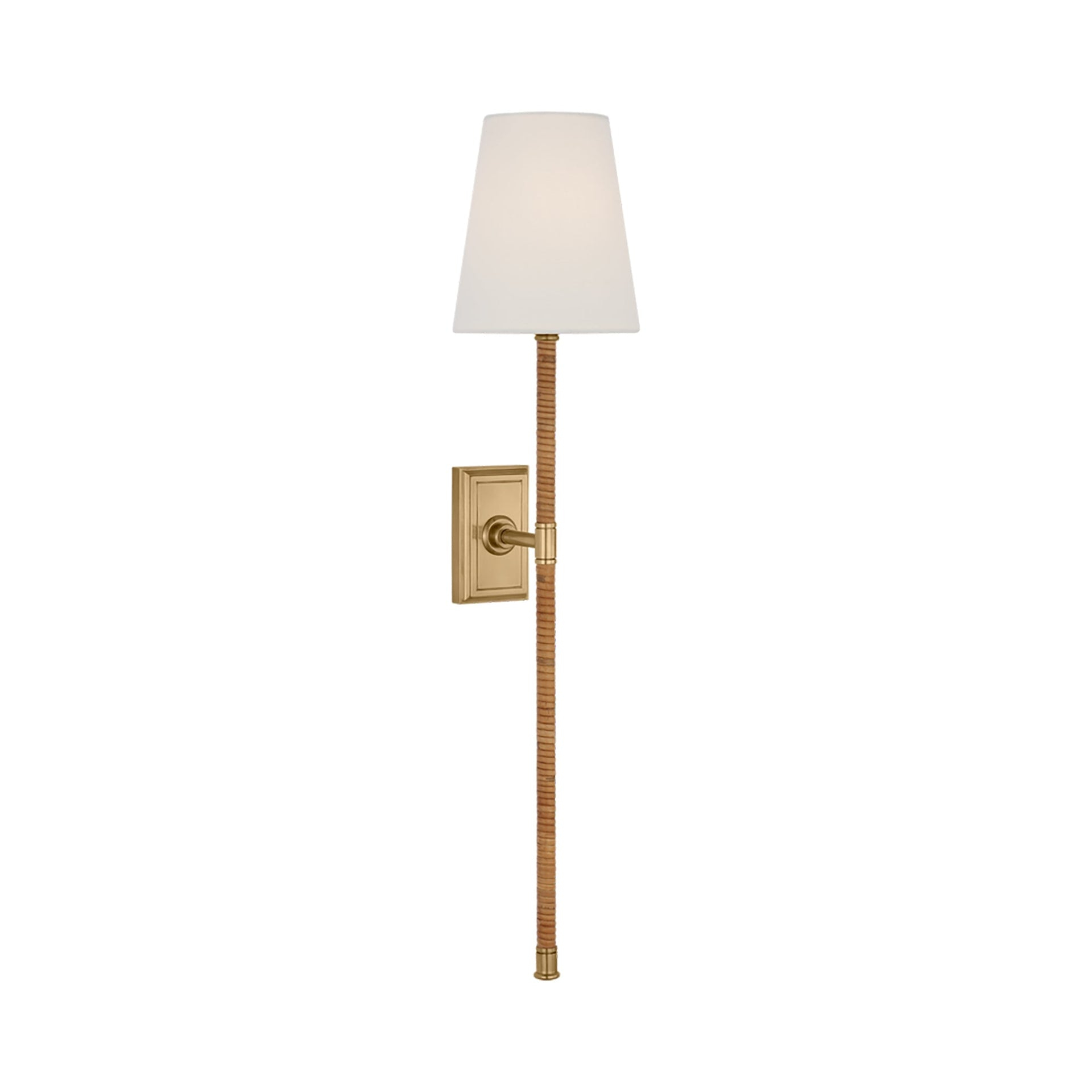Antique Burnished Brass and Natural Rattan Wall Sconce with Linen Shade