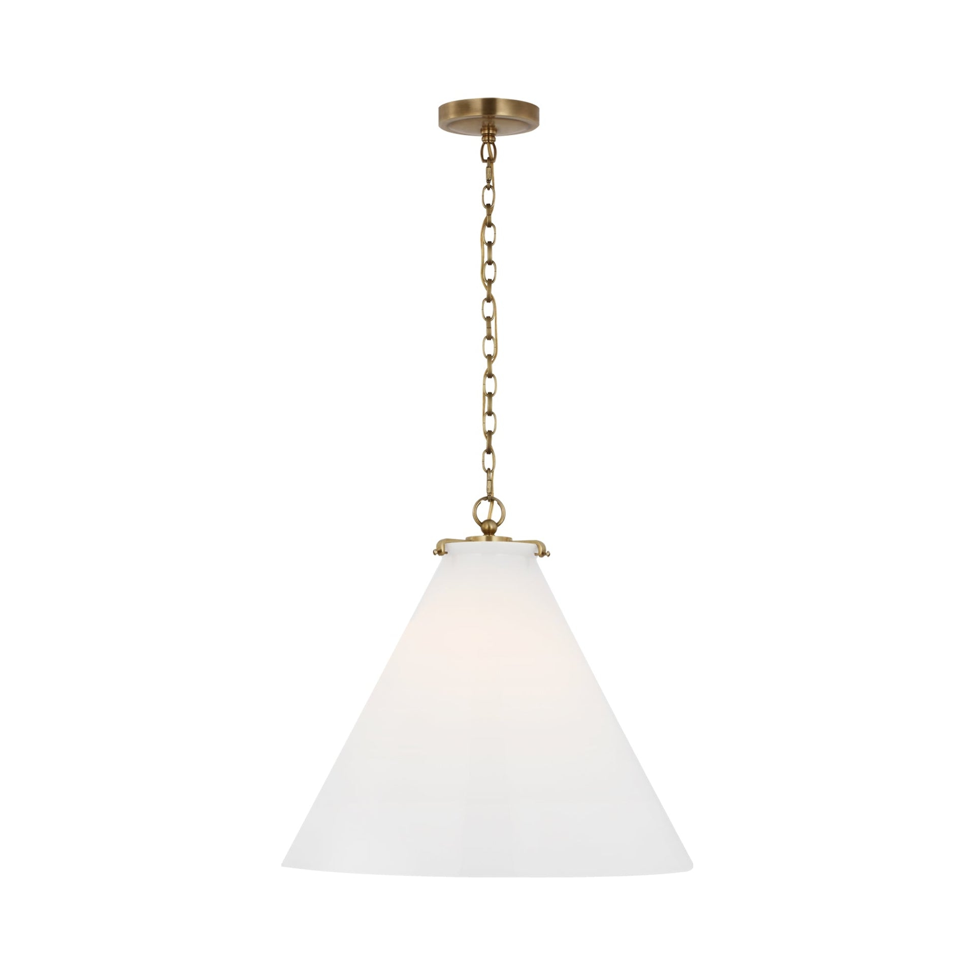 Hand-Rubbed Antique Brass Conical LED Pendant with White Glass Shade