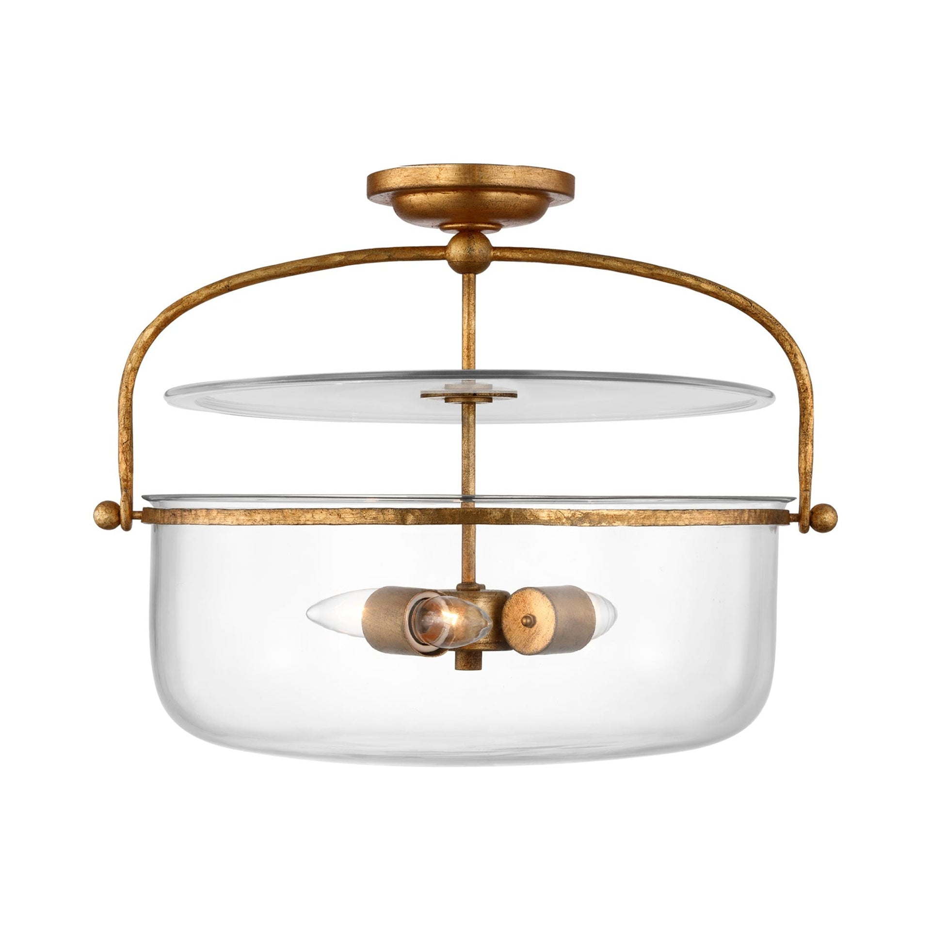 Gilded Iron and Clear Glass Drum Semi-Flush Mount Light