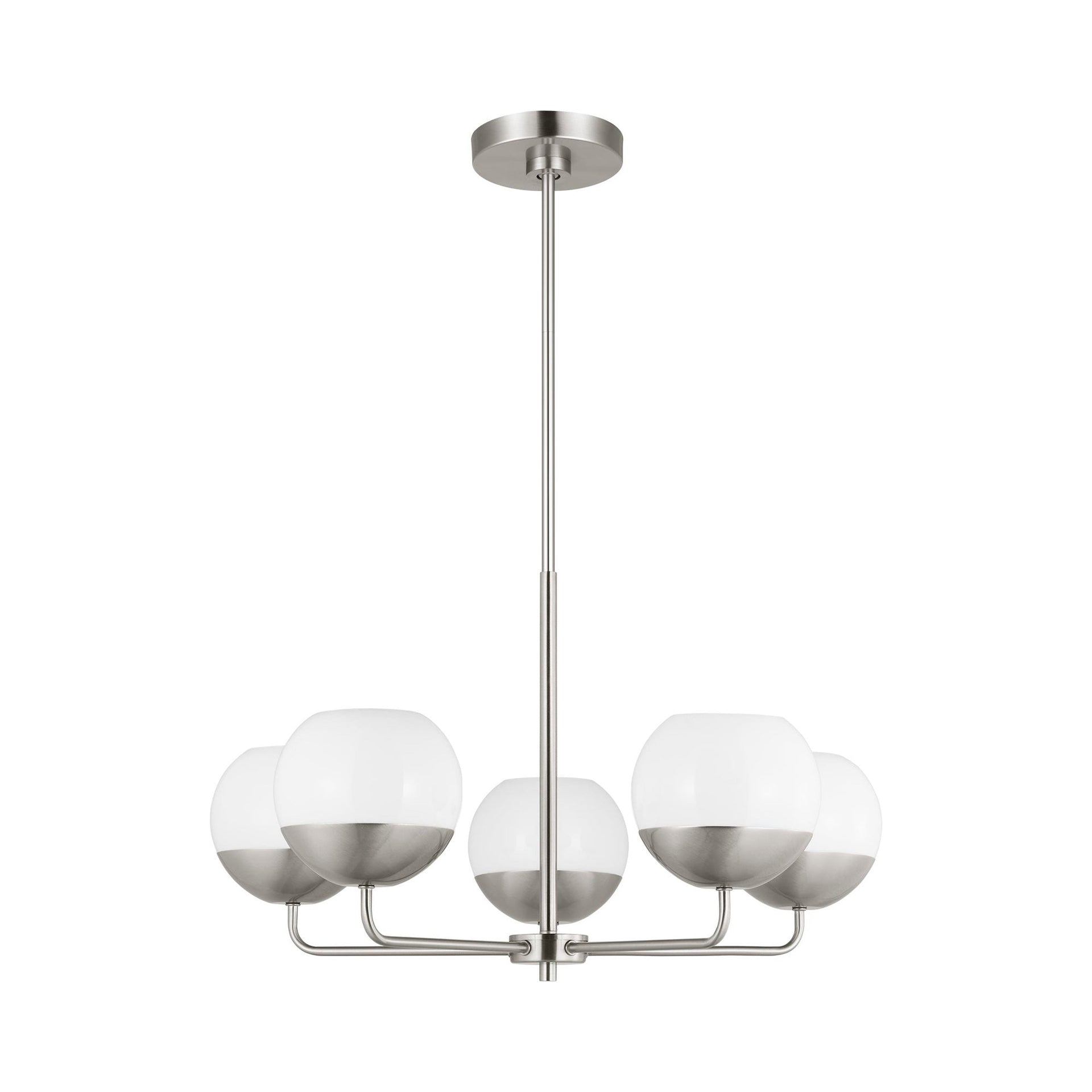 Alvin Midcentury 5-Light LED Chandelier in Brushed Nickel with Milk Glass Shades