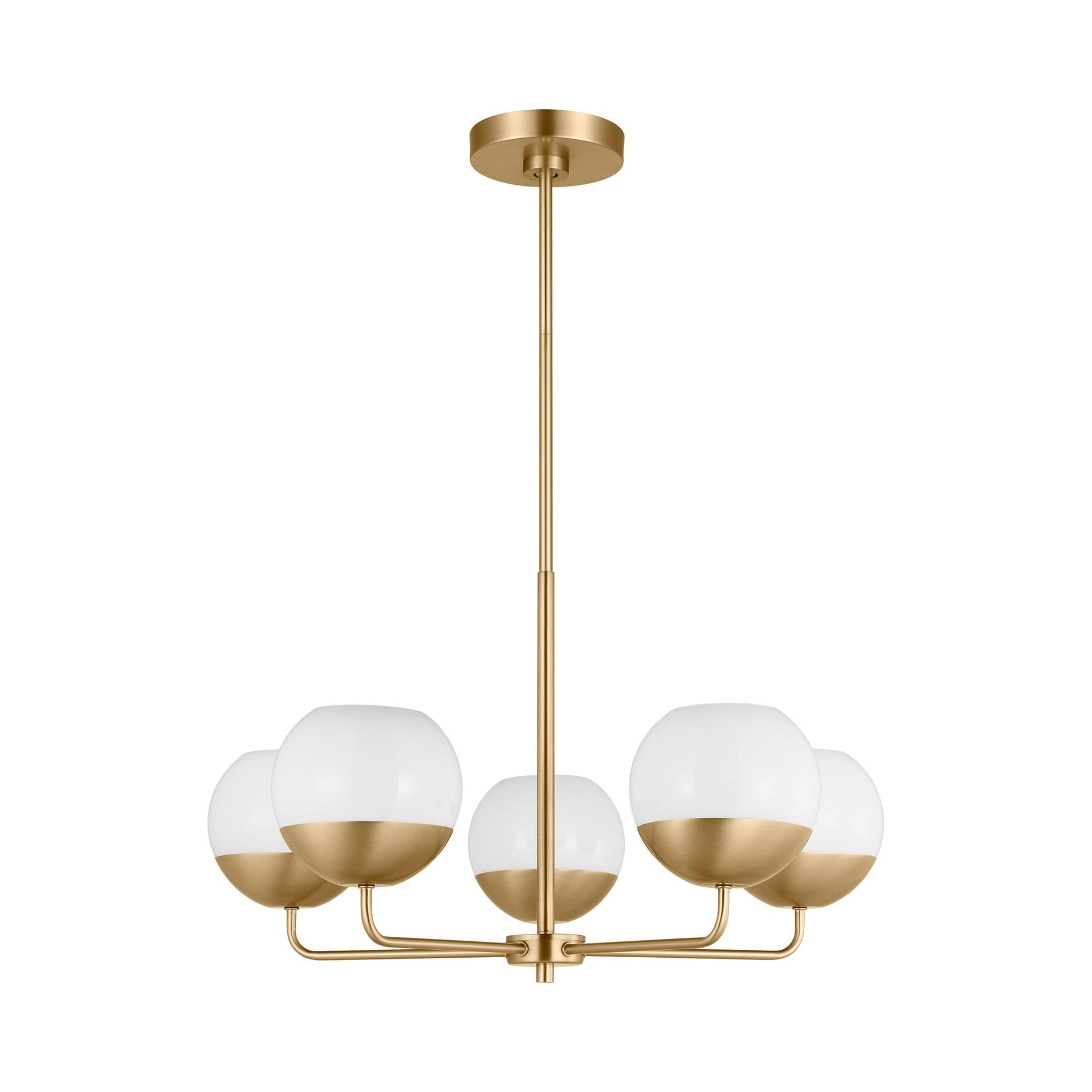 Alvin Satin Brass Midcentury 5-Light Chandelier with Milk Glass Shades