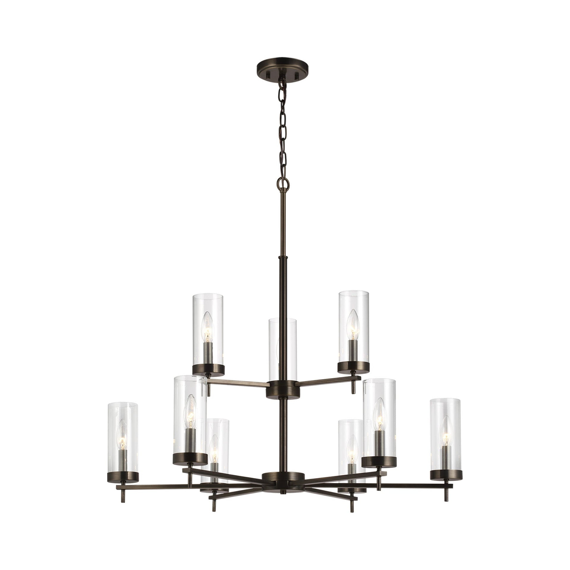Elegant Minimalist 9-Light Brushed Bronze Chandelier with Clear Glass Shades