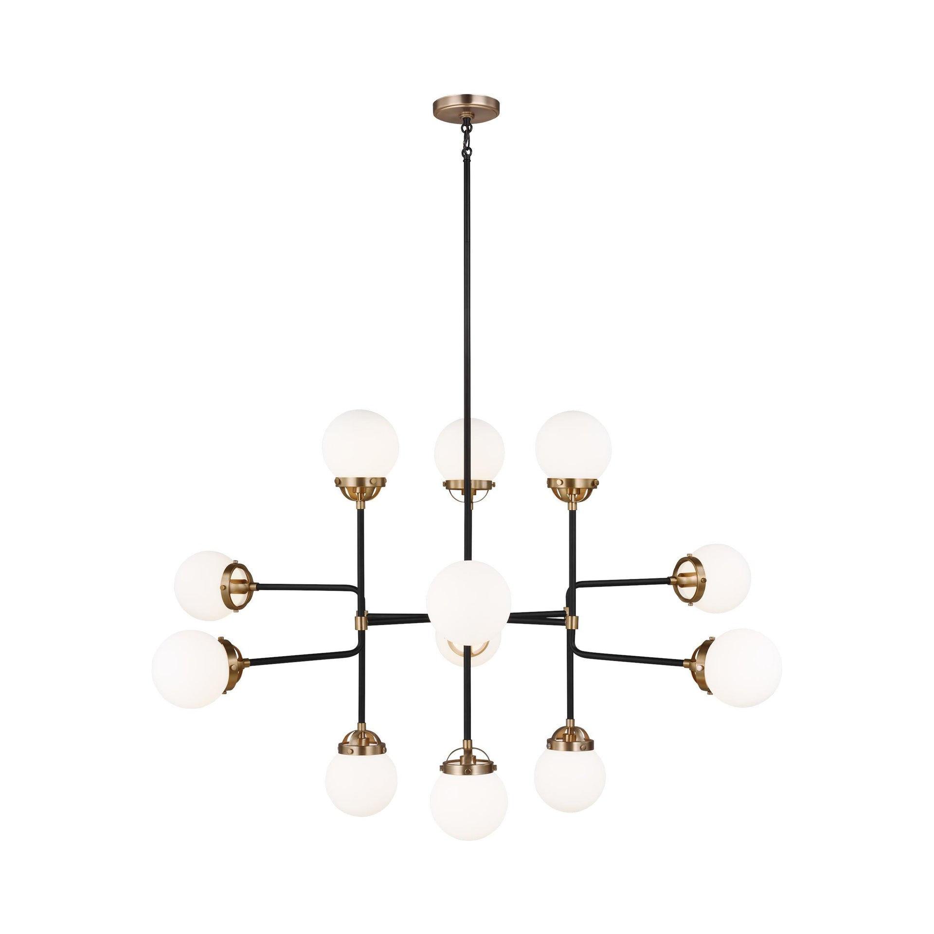 Cafe 12-Light Satin Brass Industrial Hanging Chandelier with Etched/White Inside Glass Shades