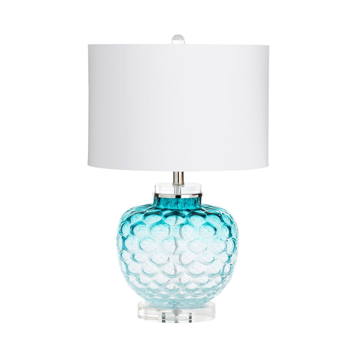 Teal Glass Table Lamp with Off-White Cotton Shade