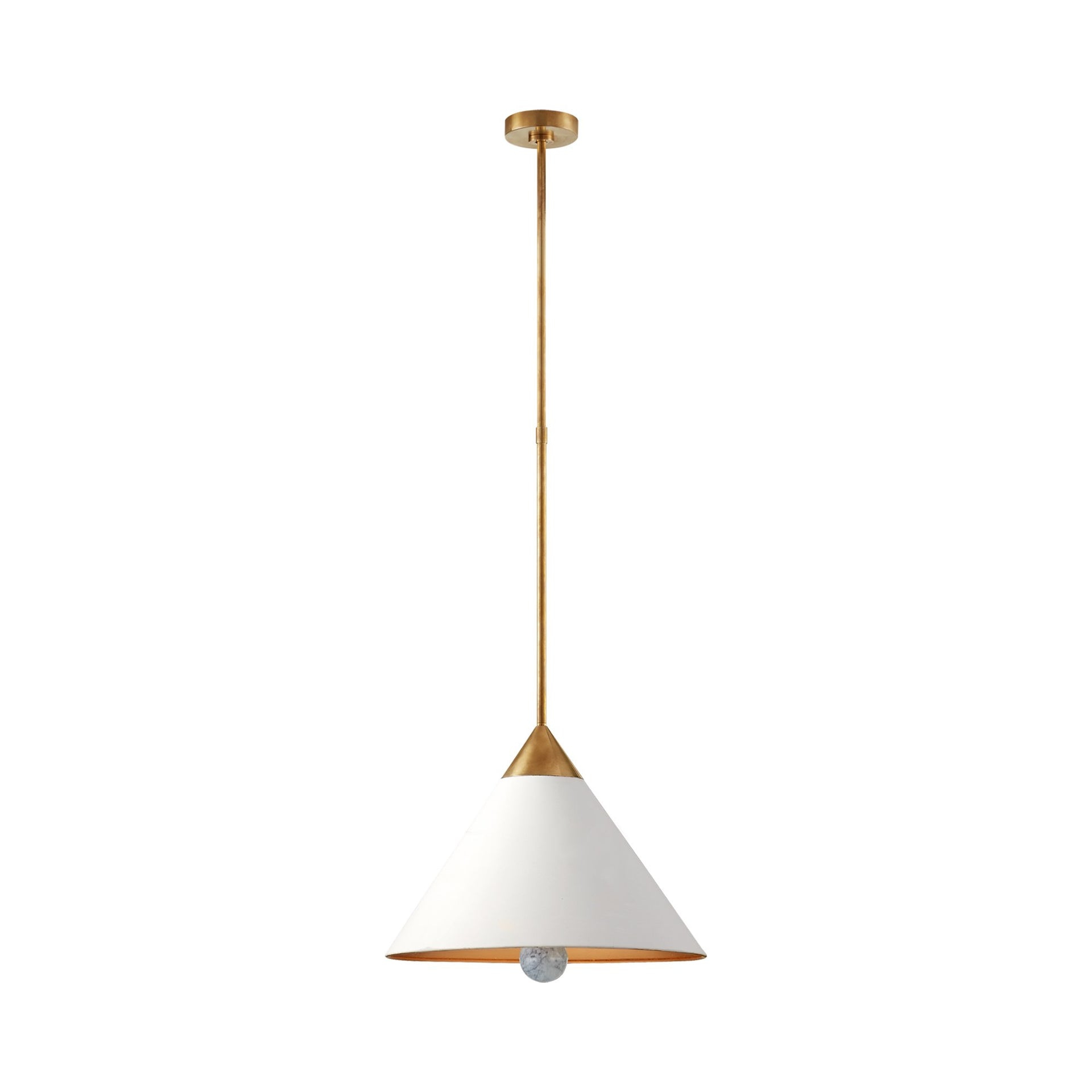 White and Brass Conical Pendant Light with Crystal Accents