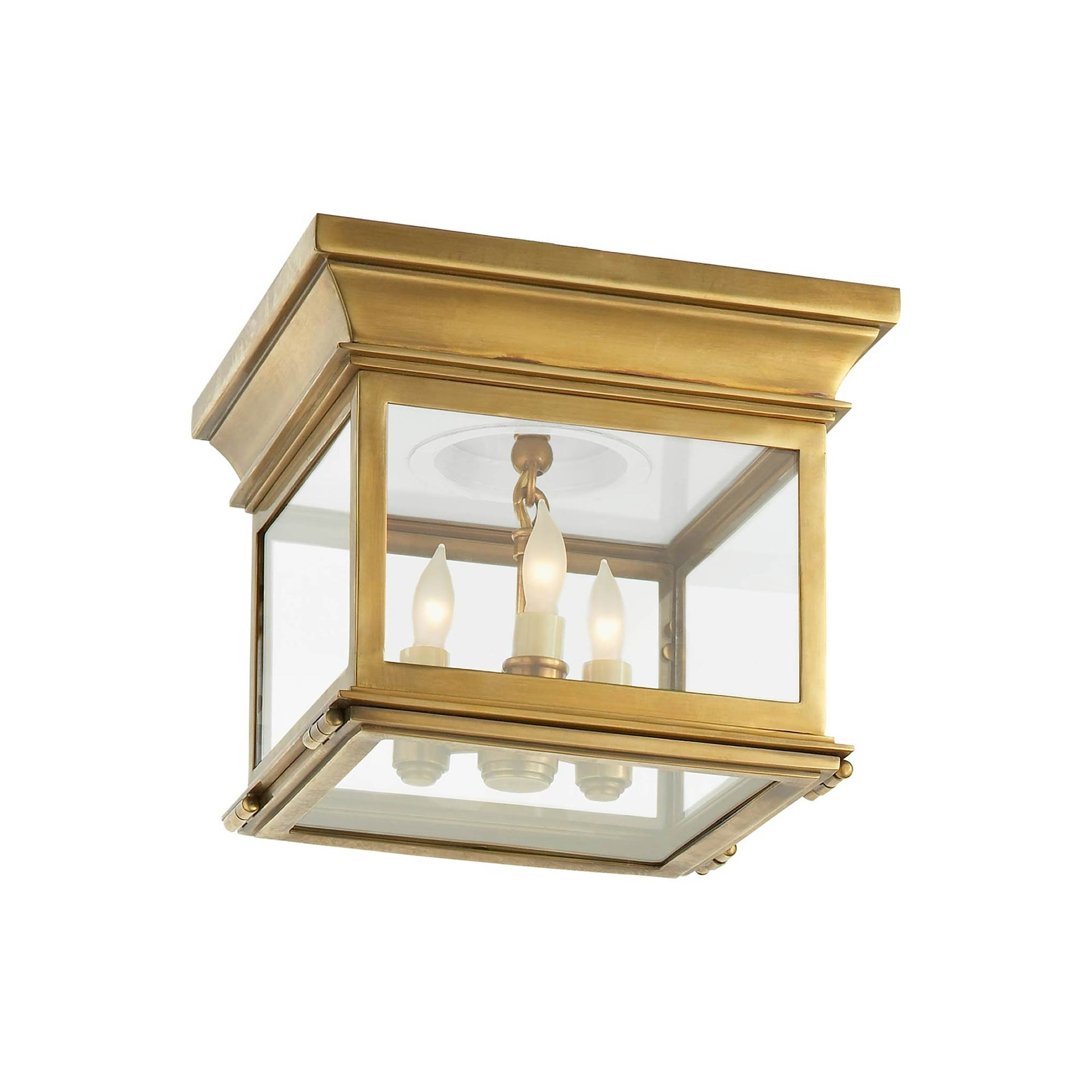 Antique-Burnished Brass and Glass 3-Light Flush Mount Fixture