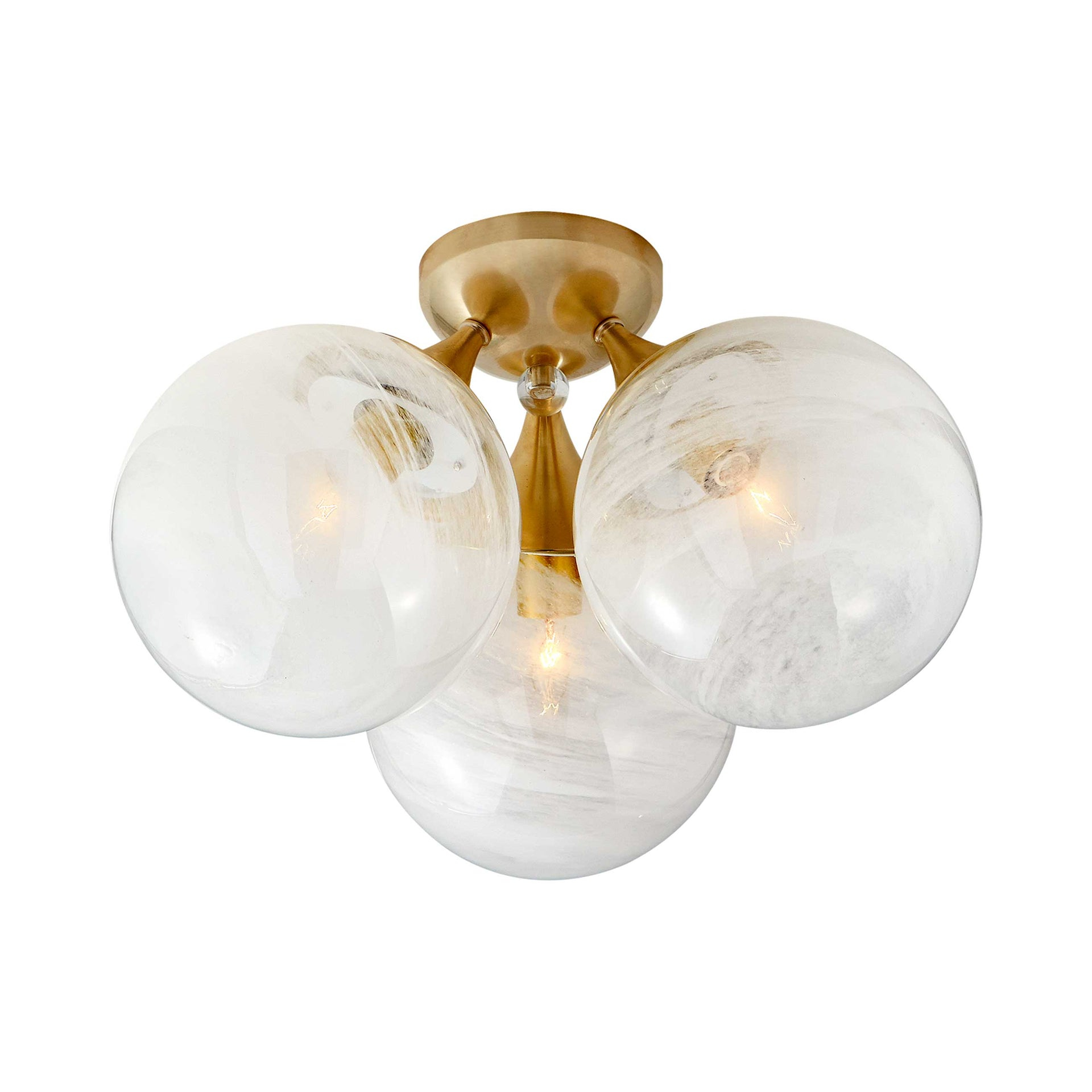 Cristol Triple Flush Ceiling Fixture in White Glass and Antique Brass