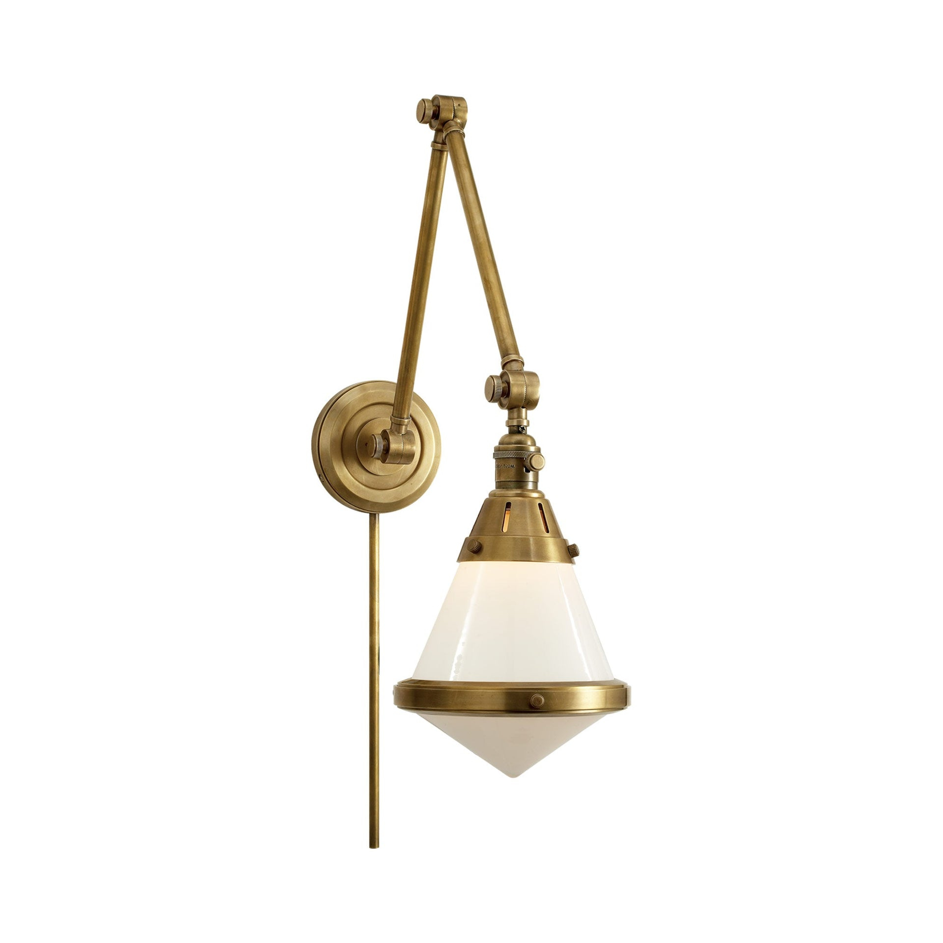 Antique Brass and White Glass Dimmable Plug-In Sconce