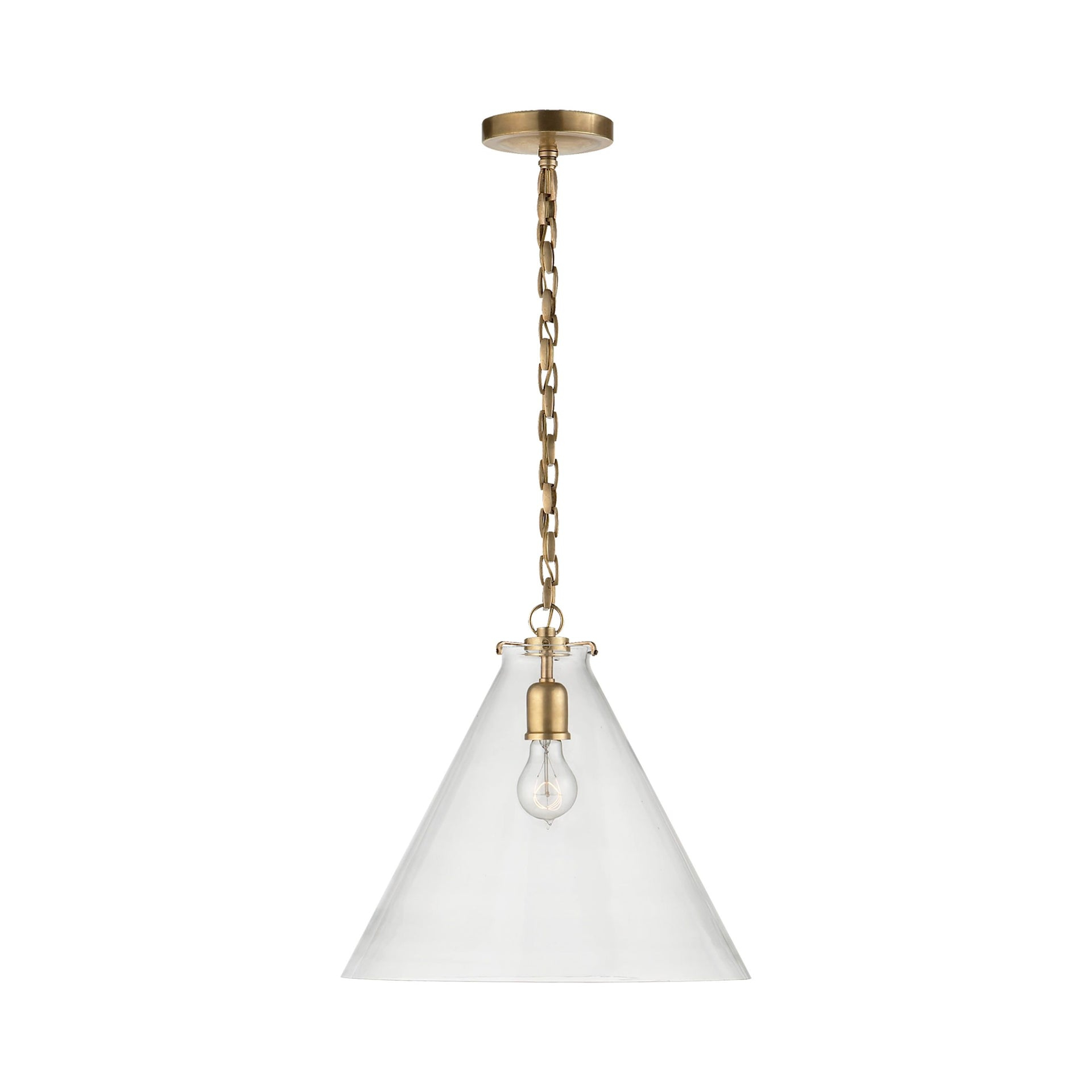 Antique Brass and Clear Glass Conical Pendant Light