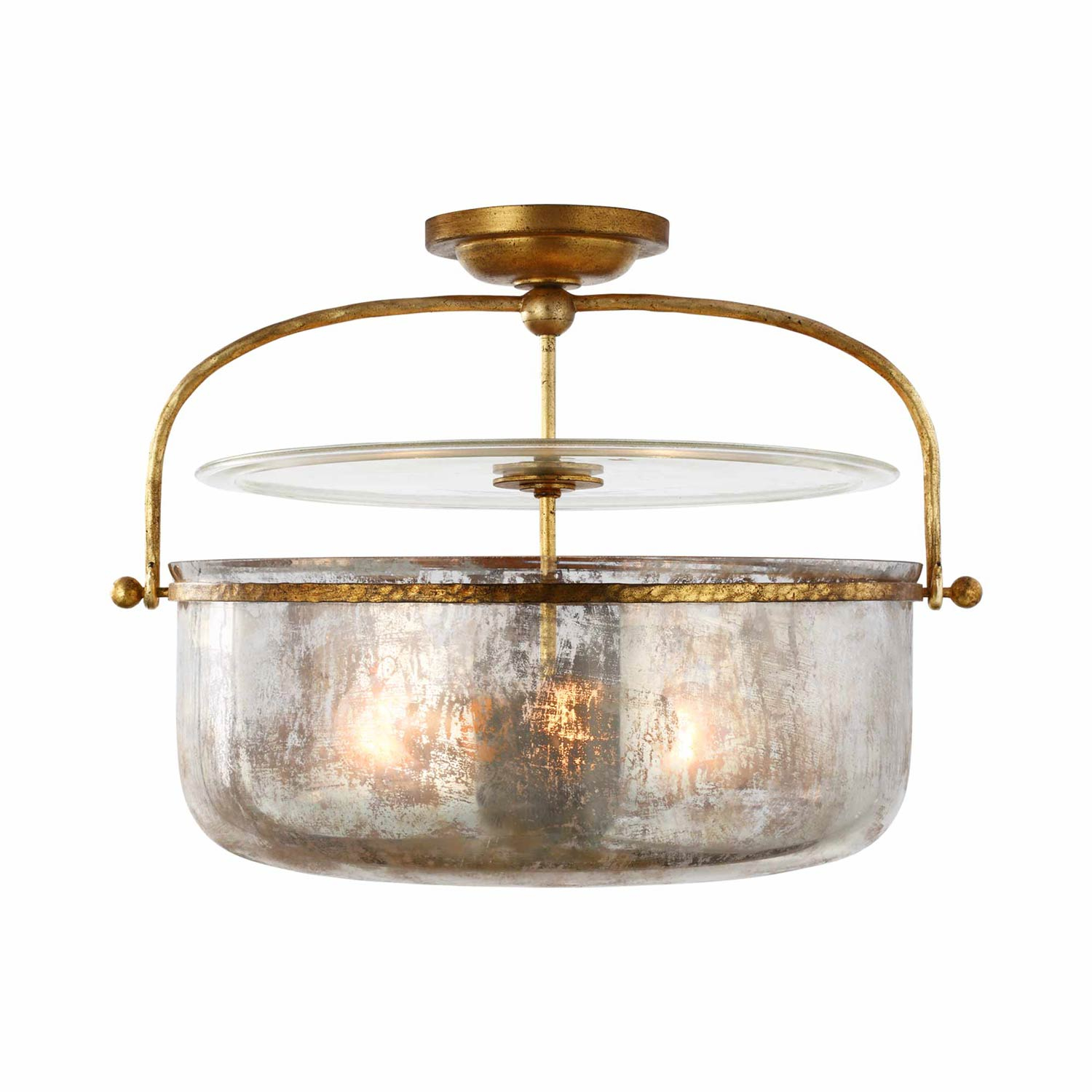 Gilded Iron and Mercury Glass Drum Ceiling Light