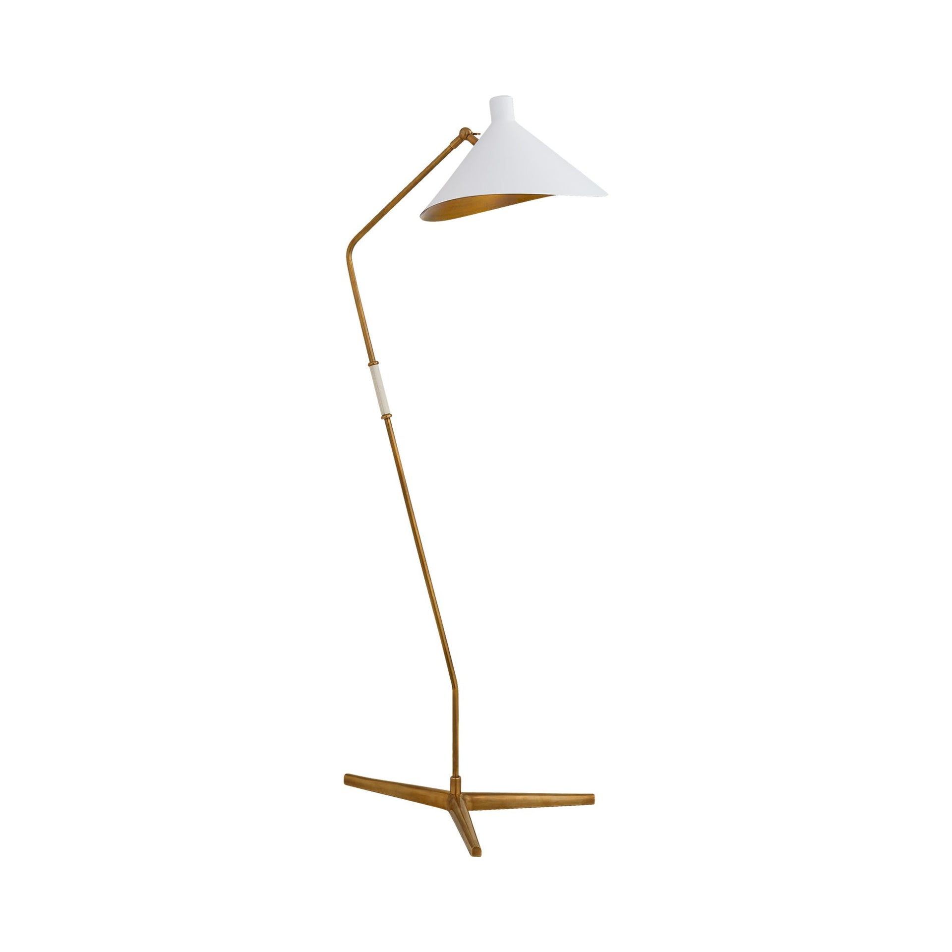 Adjustable White and Antique Brass Mid-Century Modern Floor Lamp