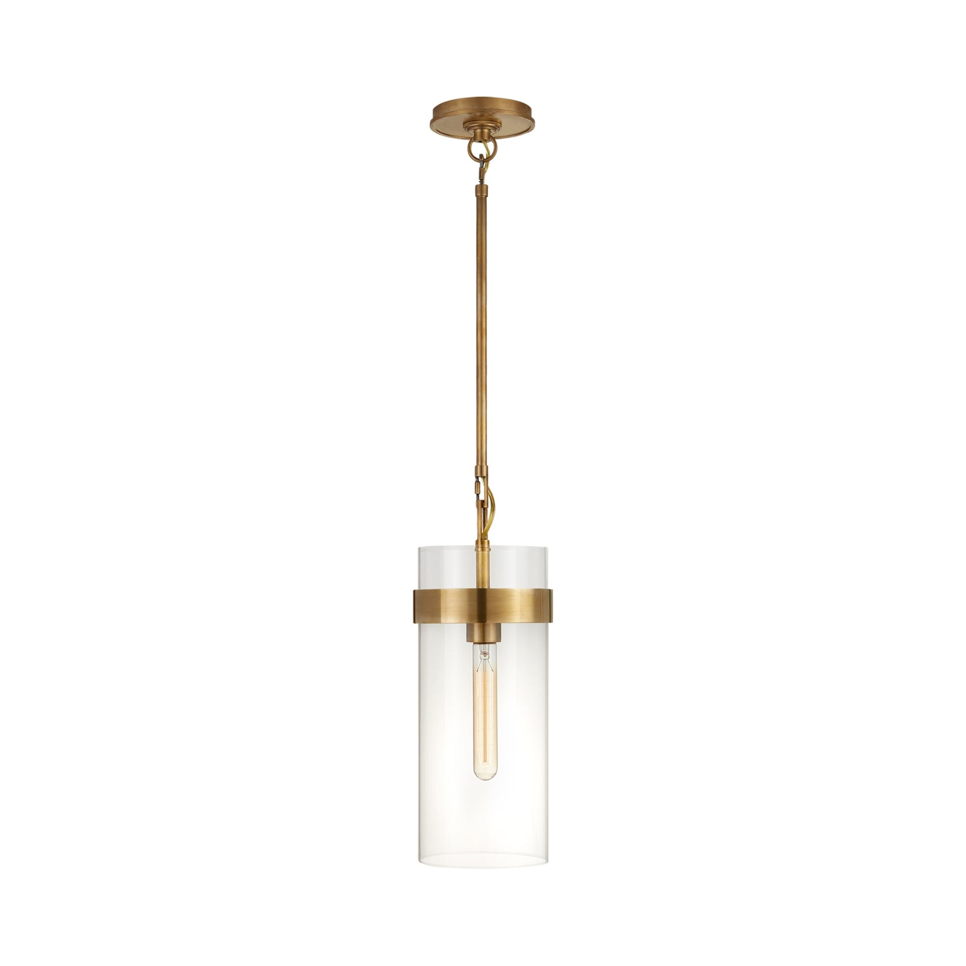 Presidio Sleek Industrial 15.75" Pendant Light in Hand-Rubbed Antique Brass with Clear Glass