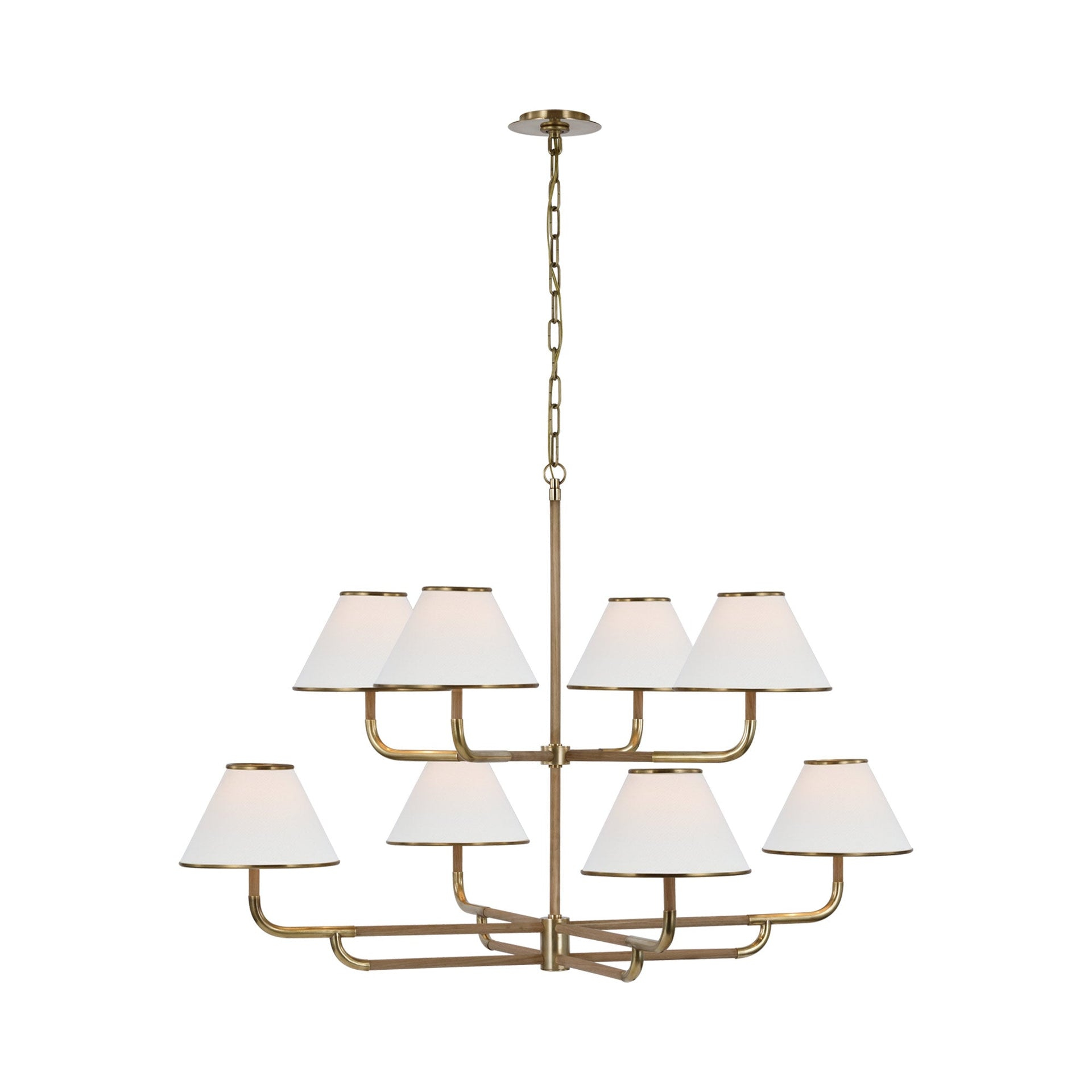 Soft Brass and Natural Oak Two-Tier Chandelier