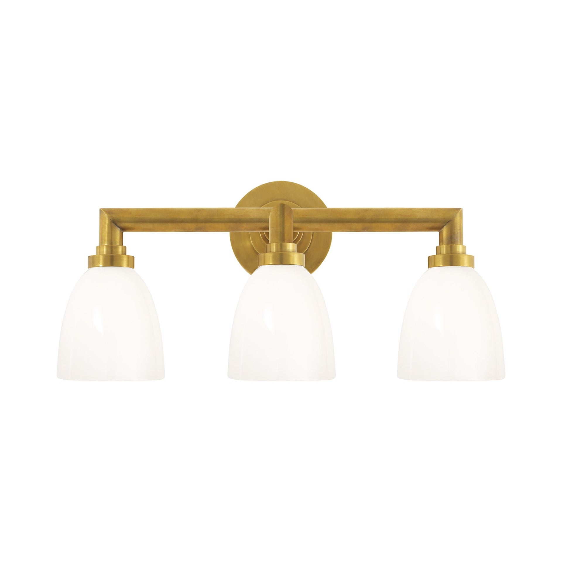 Wilton Antique Brass 3-Light Vanity with White Glass Shades