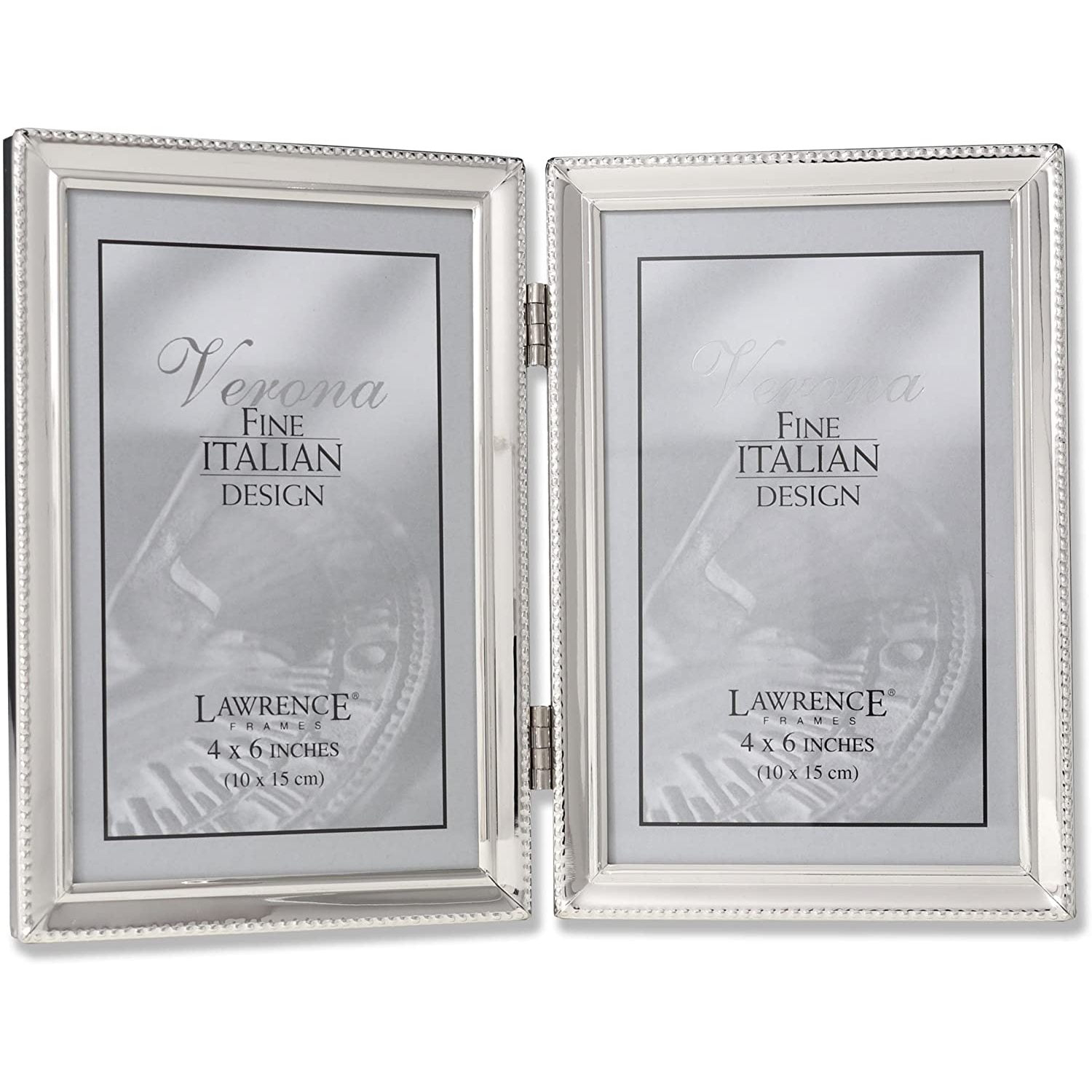 Lawrence Frames Polished Silver Plate 4x6 Hinged Double Picture Frame - Bead Border Design