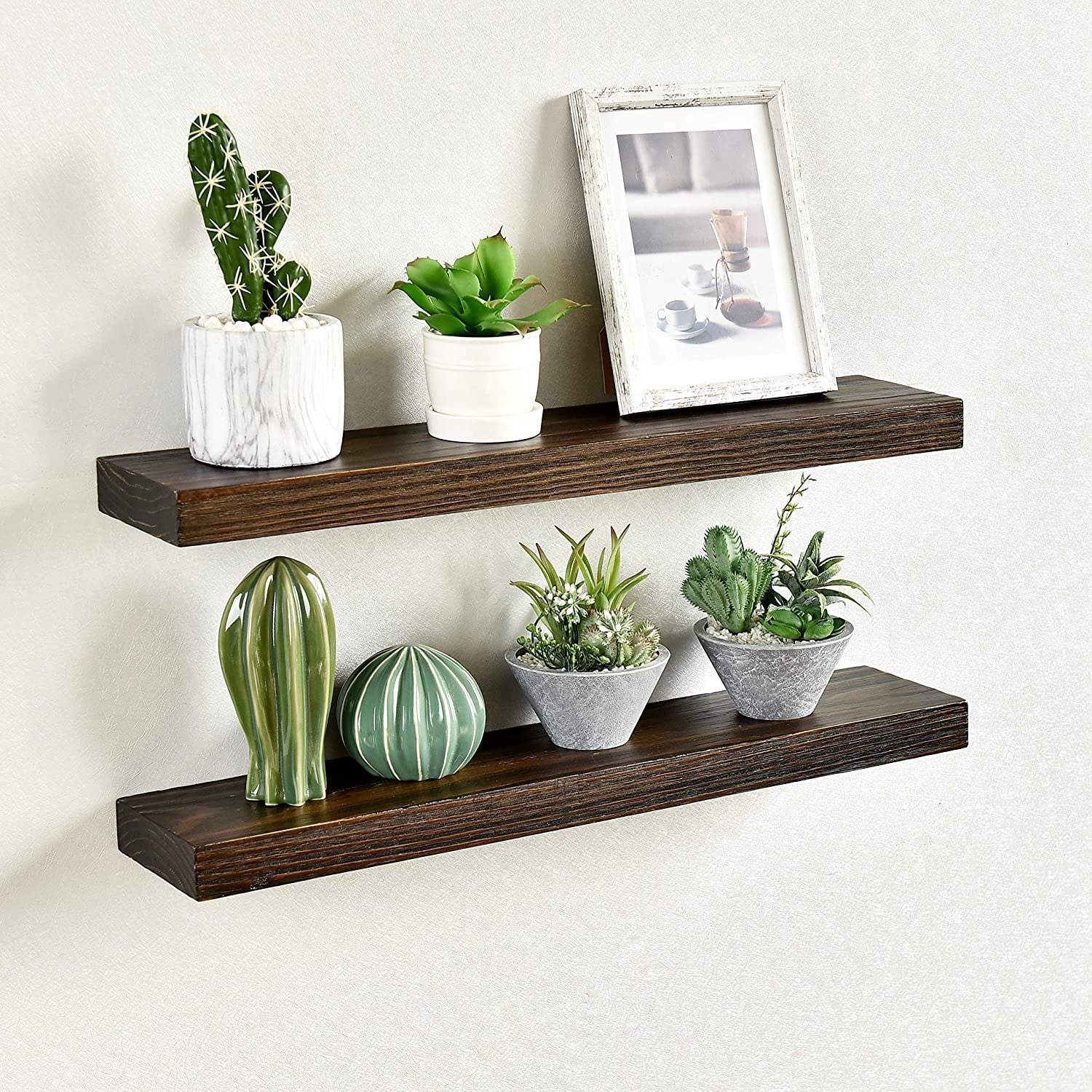 WELLAND Bradley Handmade Wood Floating Shelves Rustic Wall-Mounted Shelves, Set of 2, Walnut Finish