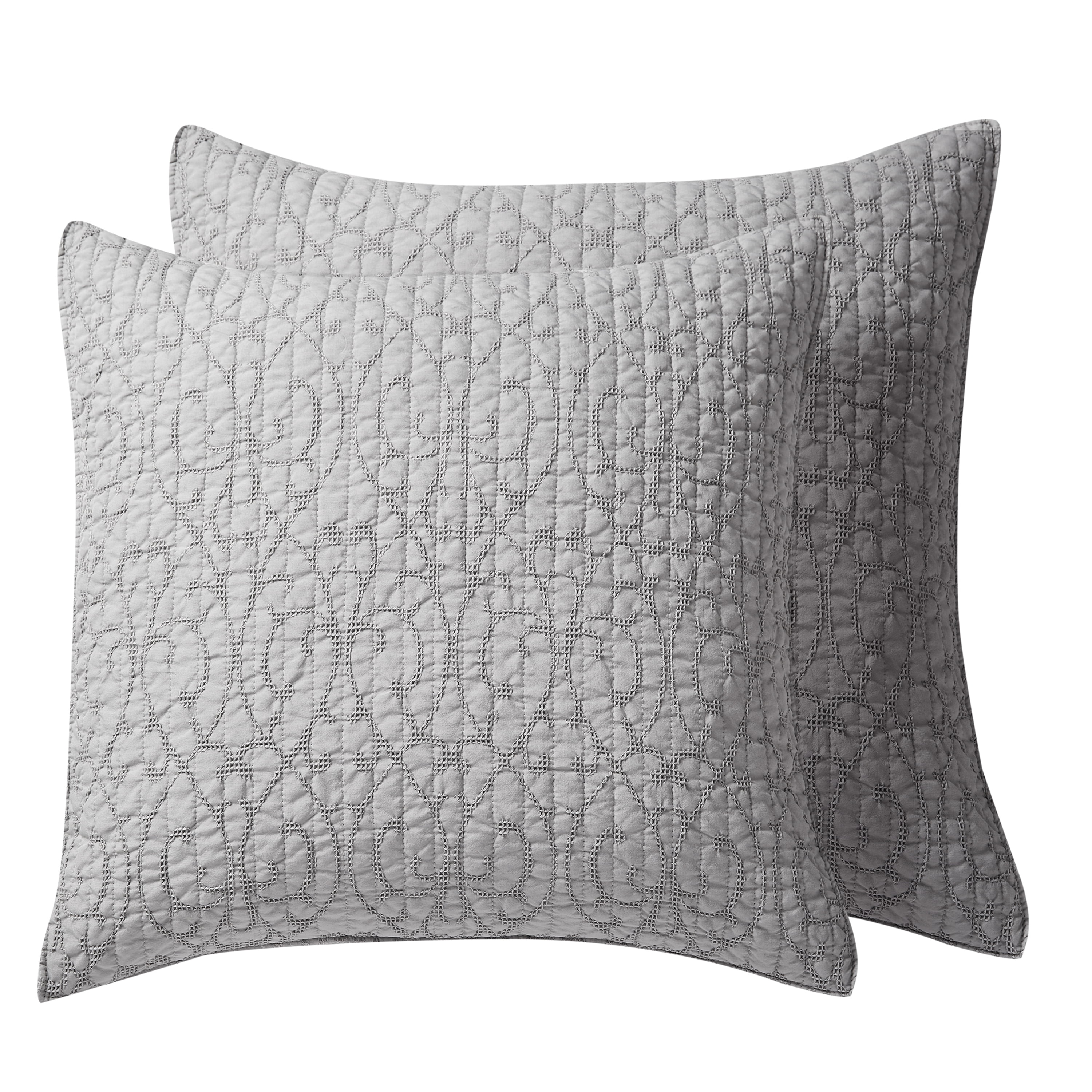 Homthreads - Beckett Two Euro Pillow Shams - Microfiber Jacquard - Damask Scroll - Silver Grey - Euro Size (26 x 26in.) and Pillow Sham Size