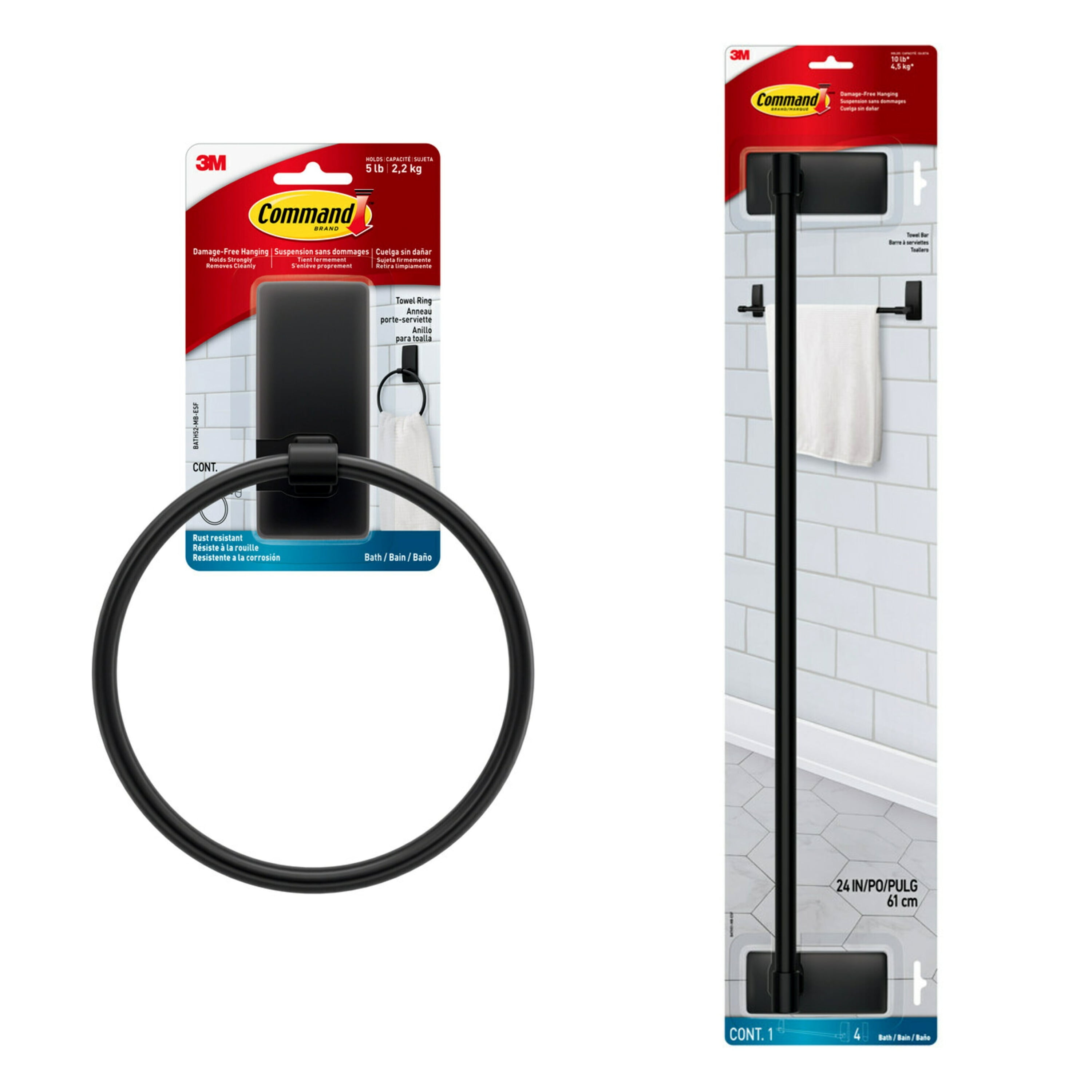 Command Bath Matte Black Towel Bar, Holds 10 lbs, 2 Large Strips