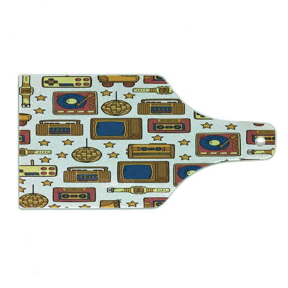 Ambesonne Ambesonne Vintage Tempered Glass Cutting Board 90s Theme Retro Fun Items Mustard