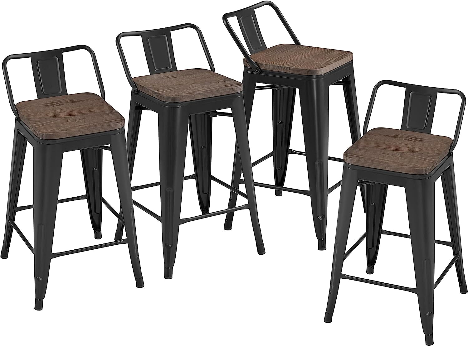 Killeryuki 24'' Metal Bar Stool 4PCS Low Back Conuter Stools for Indoor/Outdoor Barstools Metal Black Stools Bar Chairs w/Wooden Seat Metal Leg Industrial Counter Height Stools Black