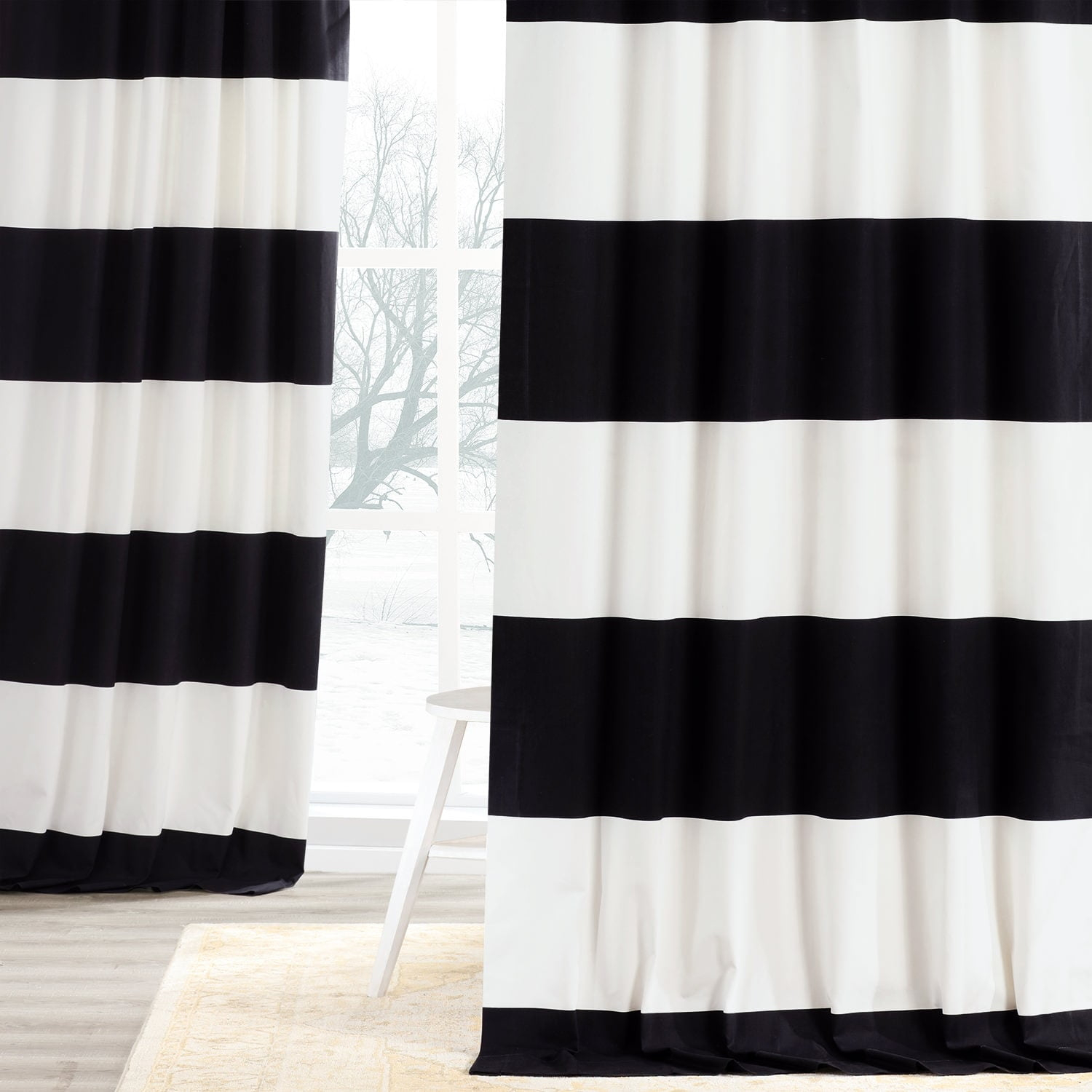 Onyx Black & Off White Horizontal Stripe Curtain (1 Panel), Onyx Black & Off White, 50W X 96L