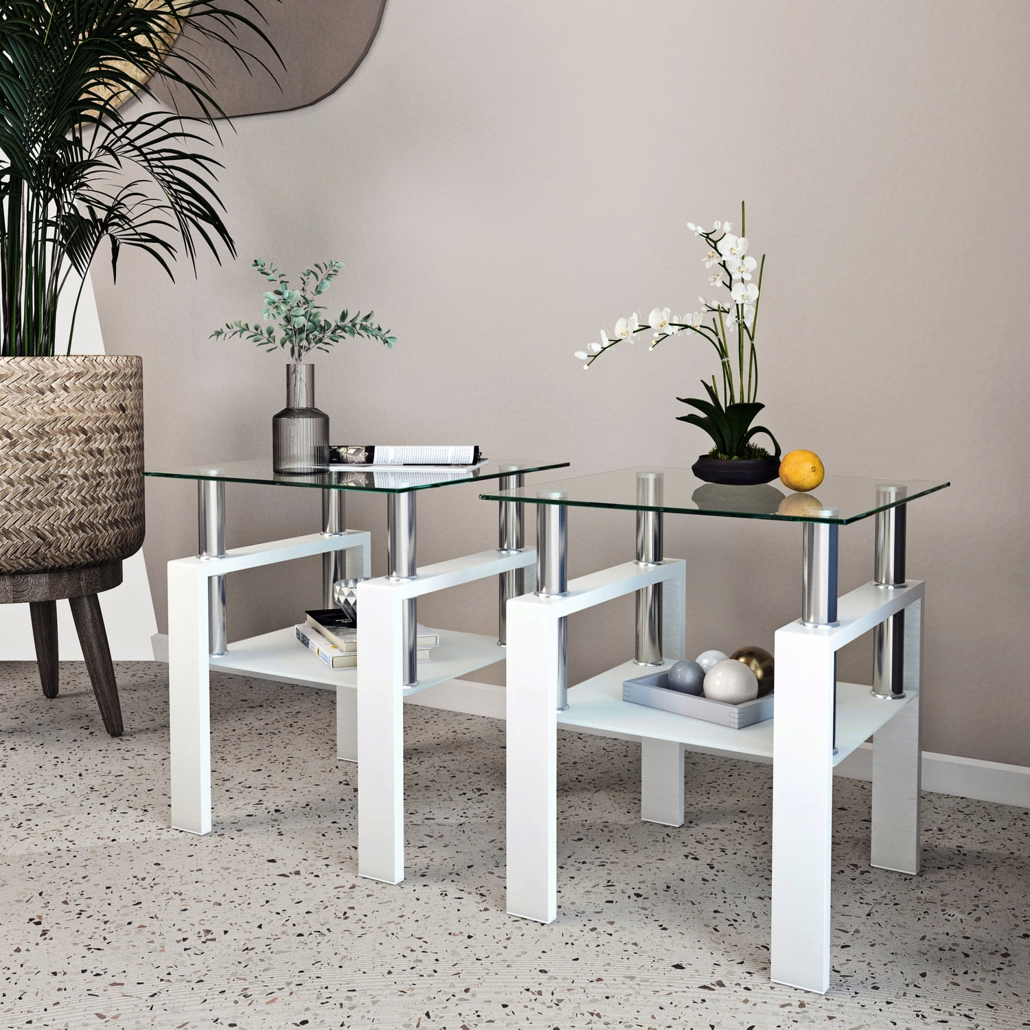 2-Tier Tempered Glass End Table Set of 2, Modern Sofa Side Table with Open Storage Shelf, Steel Pipe and Metal Legs, Square Tea Table, Glass Nightstand for Living Room Bedroom Office, White