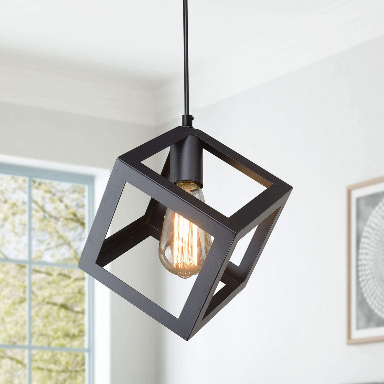 Black Geometric Pendant Lighting, Geometric Modern Square Hanging Light Ceiling Fixture for Kitchen Island, Foyer, Hallway, Bedroom and Entryway