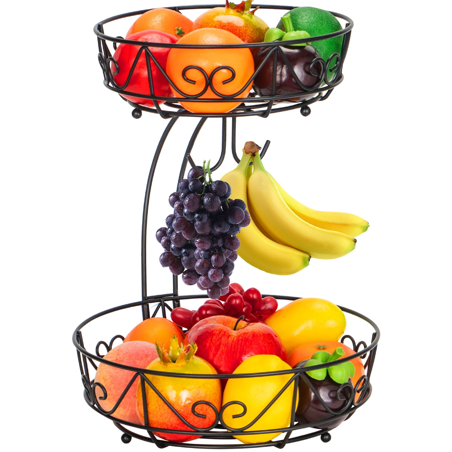Bextsrack Fruit Basket for Kitchen Countertop, 2-Tier Vegetable Fruit Bowl with Banana Hanger, Black