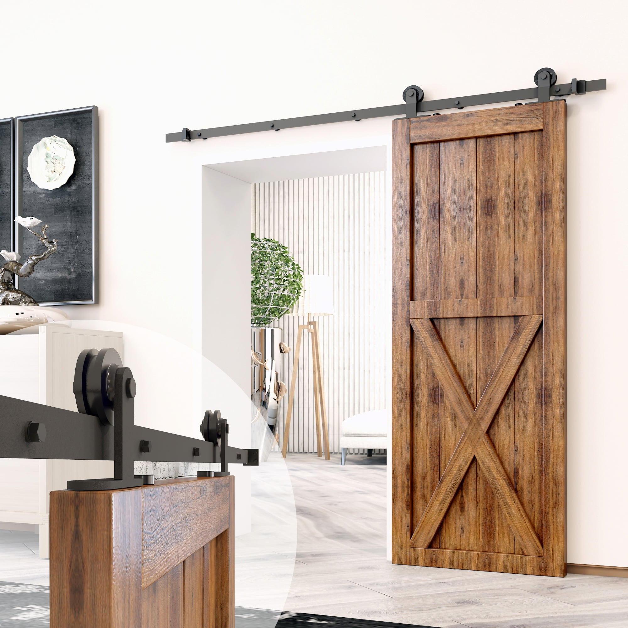 Homacer Black Rustic Sliding Barn Door Hardware Kit, for One/Single Door, 13ft Long Flat Track, T-Shape Design Roller, Heavy Duty, for Interior & Exterior Use