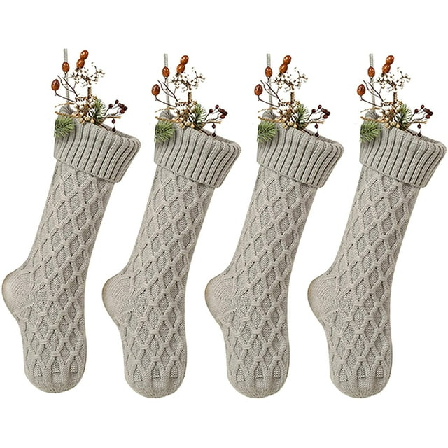 Cable Christmas Stockings, Large Size Fireplace Hanging Stockings for Christmas tions (Large/18in, Grey 4 Pack)