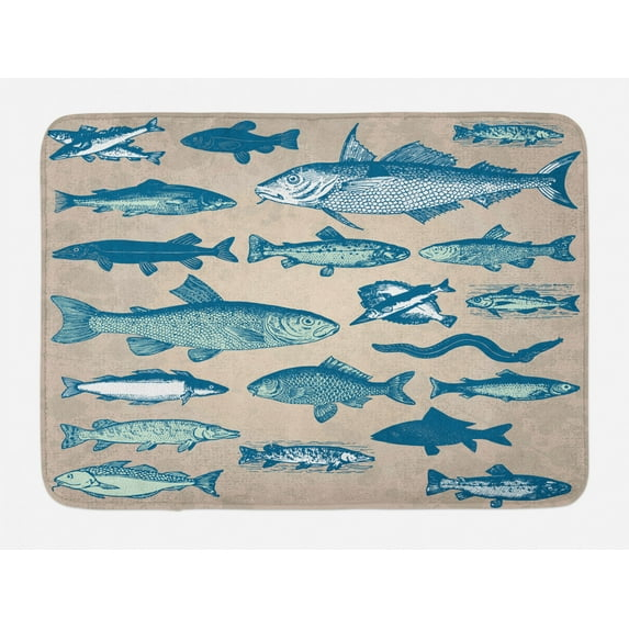 Fish Bath Mat, Vintage Style Collection of Various Different Fish Animals Seafood Theme Grunge Effect, Non-Slip Plush Mat Bathroom Kitchen Laundry Room Decor, 29.5 X 17.5 Inches, Multicolor, Ambesonne